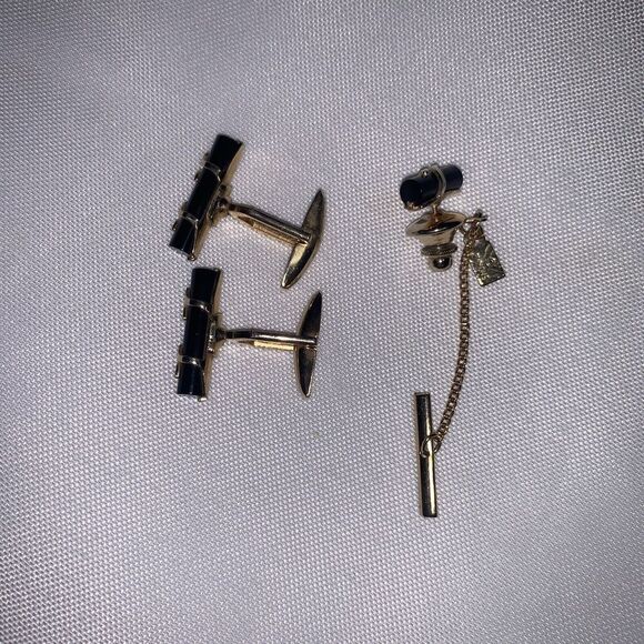 Men’s Set Of Black Bars Thin Design Quality Vintage EMMONS Cuff Links And Pin. - Picture 6 of 8